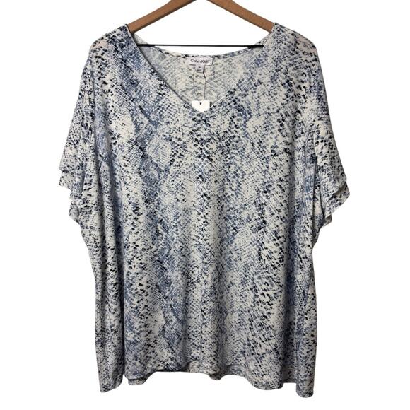 CALVIN KLEIN WOMEN PLUS SIZE 3X BLUE SNAKESKIN PRINT SHORT SLEEVE BLOUSE NWT - Picture 1 of 8